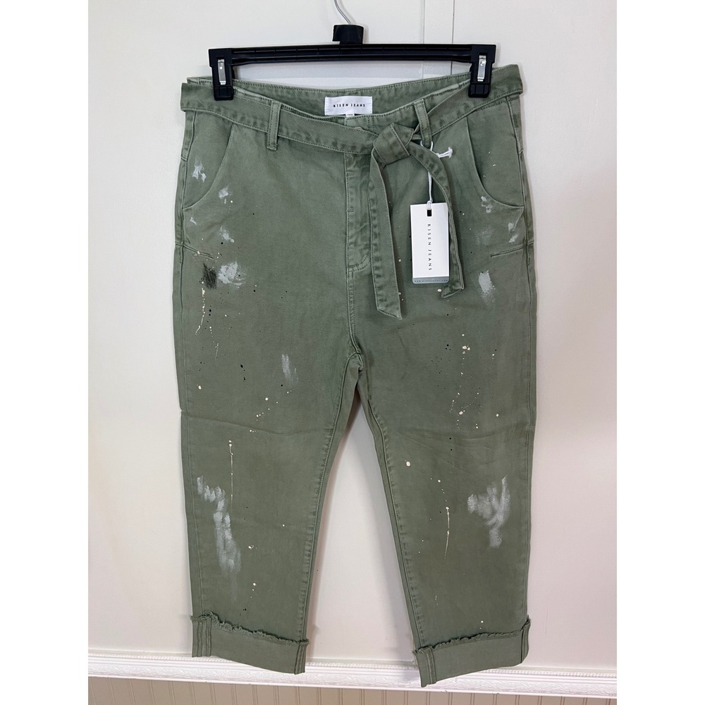 Risen Jeans Women 13/31 Slouchy Paint Splatter Tie Belt Pants Sage Green Olive